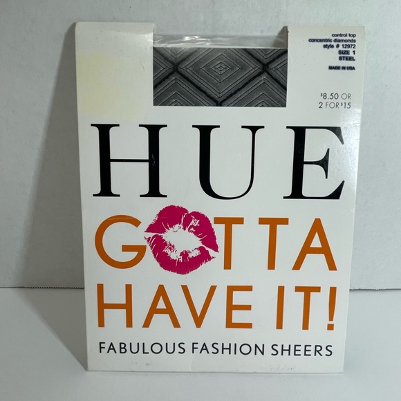 HUE Chic Sheer Tights with Geometric Diamonds  Design. Steel color, Size 1 NIP - Picture 1 of 4